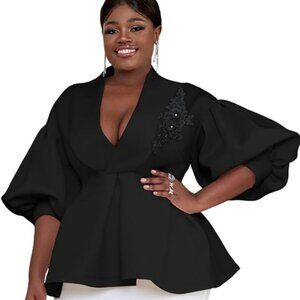 3XL AOMEI Women's Black V Neck Embroidery Short Lantern Sleeve Top Peplum Blouse
